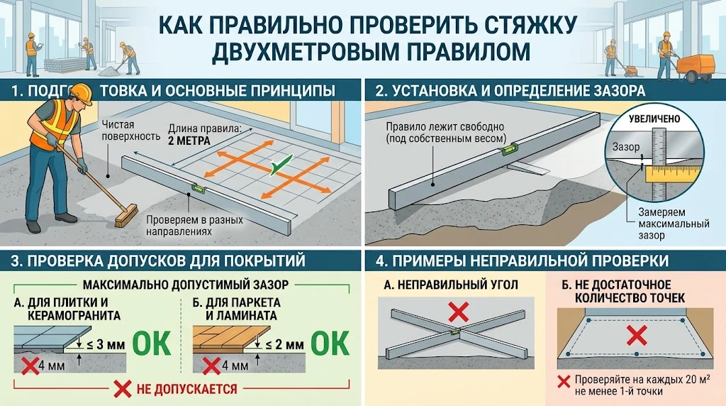Как правильно проверить стяжку двухметровым правилом